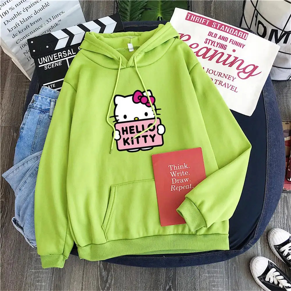 2025 New Casual Women's Sweatshirts Sanrio Hello Kitty Kawaii Tops for Women Cute Hoodies Fashion Harajuku Long Sleeves Plus Siz
