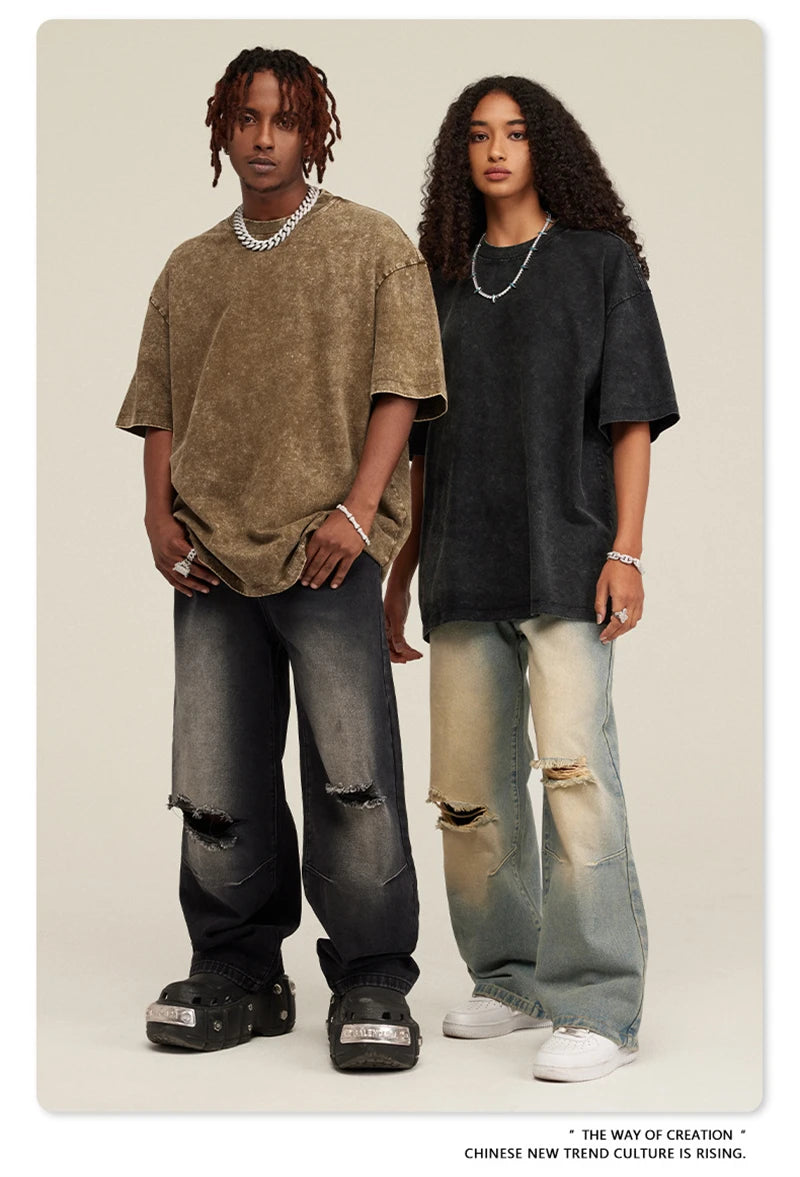 ZODF New Summer Men Washed Batik Cotton T Shirts Unisex American Retro High Street 270gsm Short Sleeve Tees Streetwear HY0489