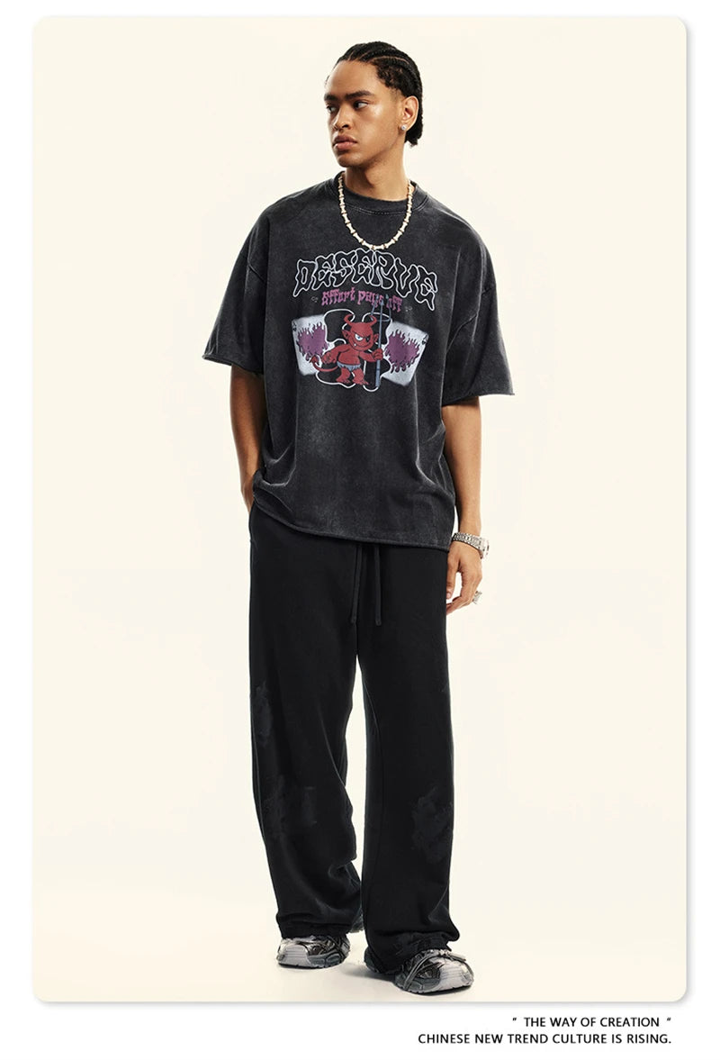 ZODF America Retro Summer 100% Cotton T-Shirts For Men Unisex Washed 310gsm Comfortable High Street Printing T Shirt Tops HY0862