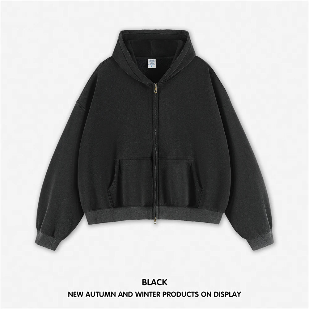 ZODF Retro Winter 350gsm Washed Zipper Fleece Hoodies For Men Unisex Loose Fit Boxy Style Thick Warm Hooded Coat Outfits HY0042