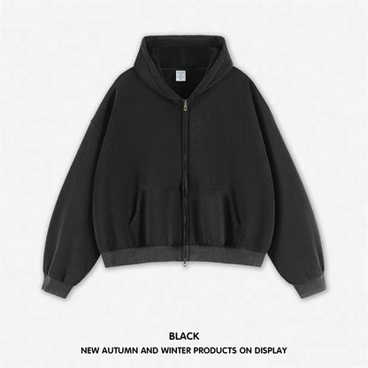 ZODF Retro Winter 350gsm Washed Zipper Fleece Hoodies For Men Unisex Loose Fit Boxy Style Thick Warm Hooded Coat Outfits HY0042