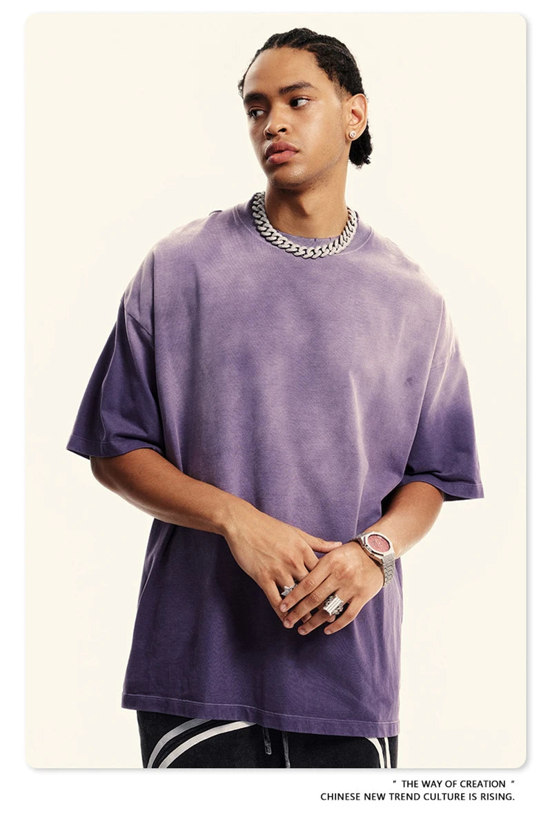 ZODF 2024 Summer Men Washed Gradient T-Shirts Unisex Women Distressed 250gsm Cotton T Shirt Brand Tees Streetwears HY0814