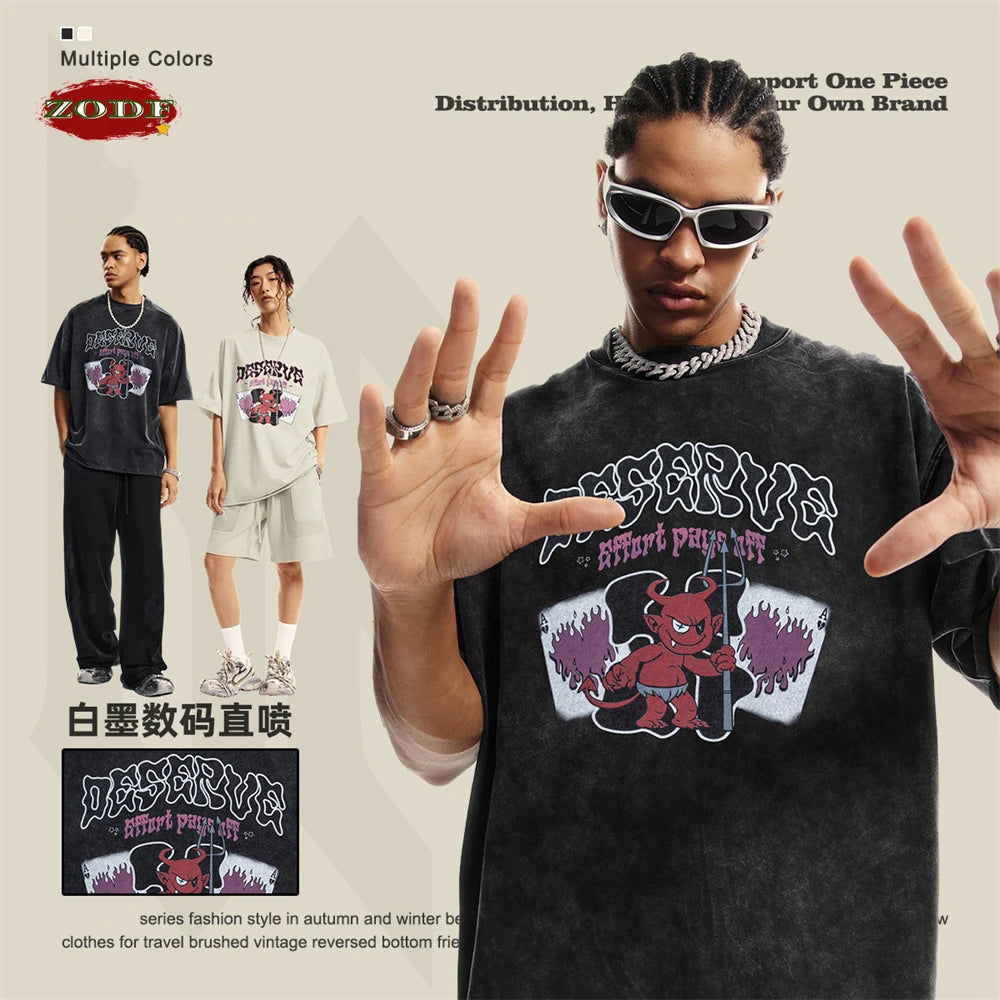 ZODF America Retro Summer 100% Cotton T-Shirts For Men Unisex Washed 310gsm Comfortable High Street Printing T Shirt Tops HY0862