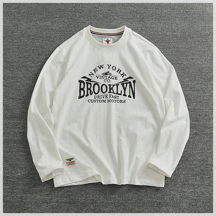 Autumn New American Retro Long-sleeved O-neck Letter Printed T-shirt Men's Fashion Simple 100% Cotton Washed Casual Sport Tops