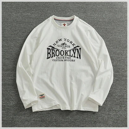 Autumn New American Retro Long-sleeved O-neck Letter Printed T-shirt Men's Fashion Simple 100% Cotton Washed Casual Sport Tops