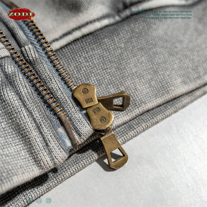 ZODF New Winter Washed Double Zipper Jackets For Men Unisex Loose Heavy Weight 450gsm Raglan Sleeve Cotton Coats HY0654