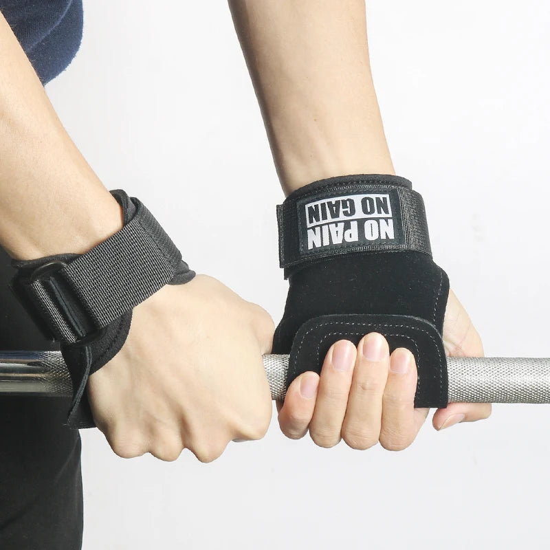 Cowhide Gym Grips Gloves Weightlifting Fitness Pull Up Crossfit Workout Anti-Slip Wear-Resistant Palm Protection - Black