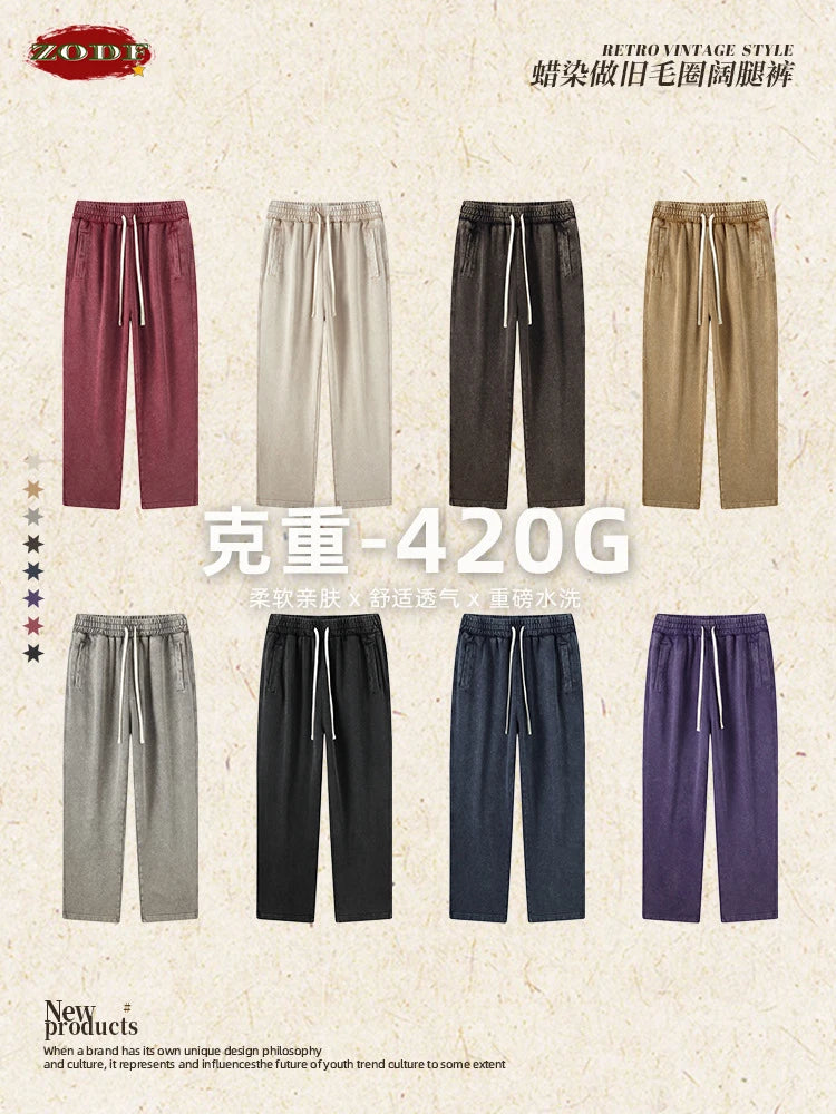 ZODF Retro Autumn Winter 420gsm Batik Washed 100% Cotton Loose Straight Pants for Men Unisex Streetwear HY0937
