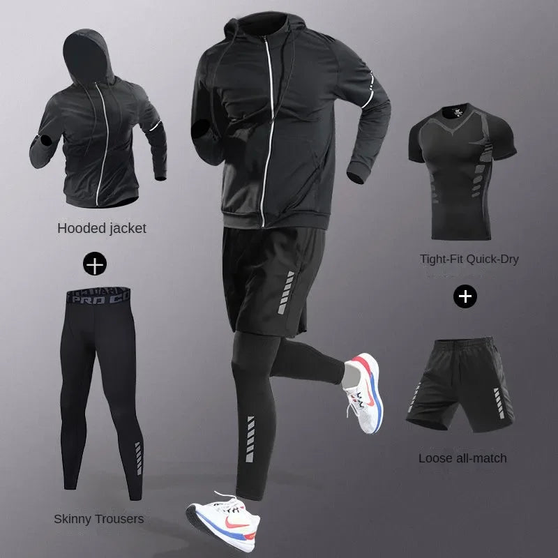 3-7pcs Men’s Ice Fiber Quick-Dry Running Fitness Tracksuit Full Set for Marathon Training Cycling Jogging Gym
