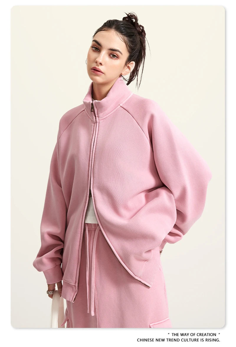 ZODF Retro Winter Men Washed Fleece Zipper Jackets Unisex Loose Oversized 400gsm Raglan Sleeve Coats Streetwears HY0649