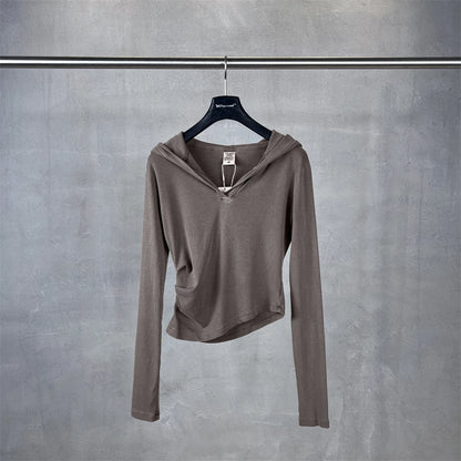 ZODF Sexy Women Autumn Washed 275gsm Hooded T Shirt Ladies Girls Slim Fit Distressed Side Pleated T-Shirts Tees HY1149