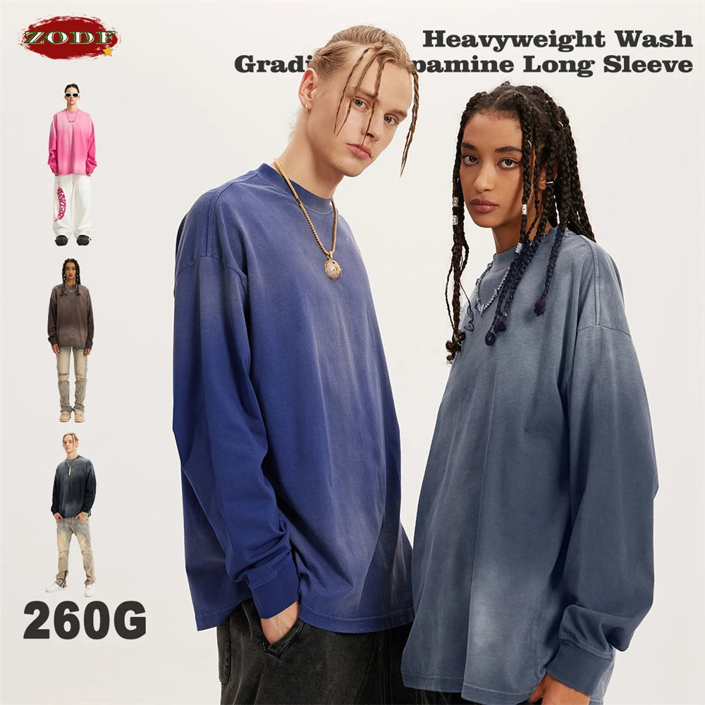 ZODF Retro Monkey Washed 260gsm Cotton T-Shirt For Men Unisex High Street Loose Full Sleeve T Shirt Brand Streetwear HY0406