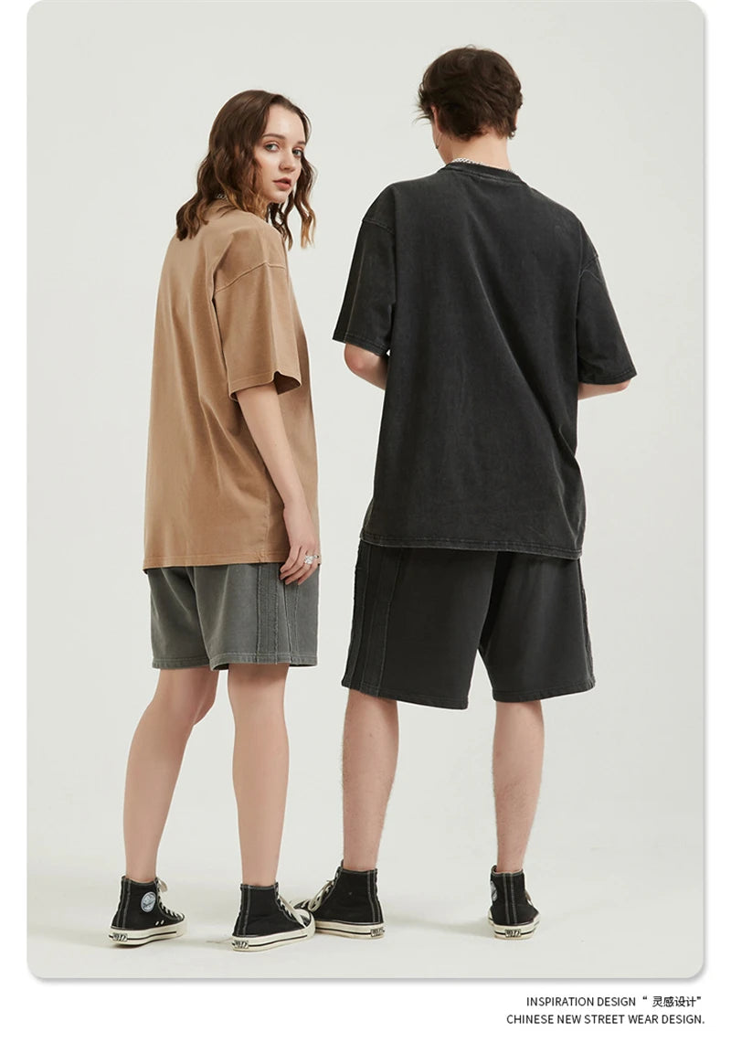 ZODF Men 2024 Retro Summer Washed Solid Cotton T-Shirts Unisex Retro Loose High Street 250gsm Basic Tees Streerwears HY0075