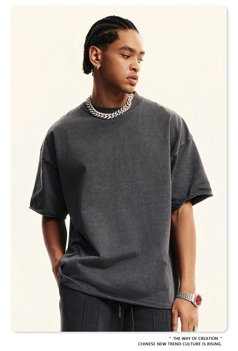 ZODF Retro 2024 Summer Men Washed Cotton T-Shirts  Unisex Women 310gsm Distressed Hem Loose Edge T Shirt Brand Tees HY0808