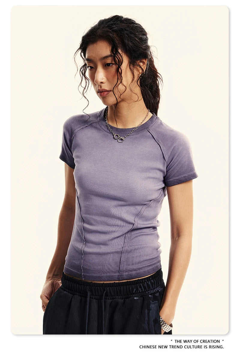 ZODF 2024 Summer Hotweet Washed T Shirt For Women Girls Gradient Raglan Sleeve Comfortable Short Tees Brand Tees HY0826