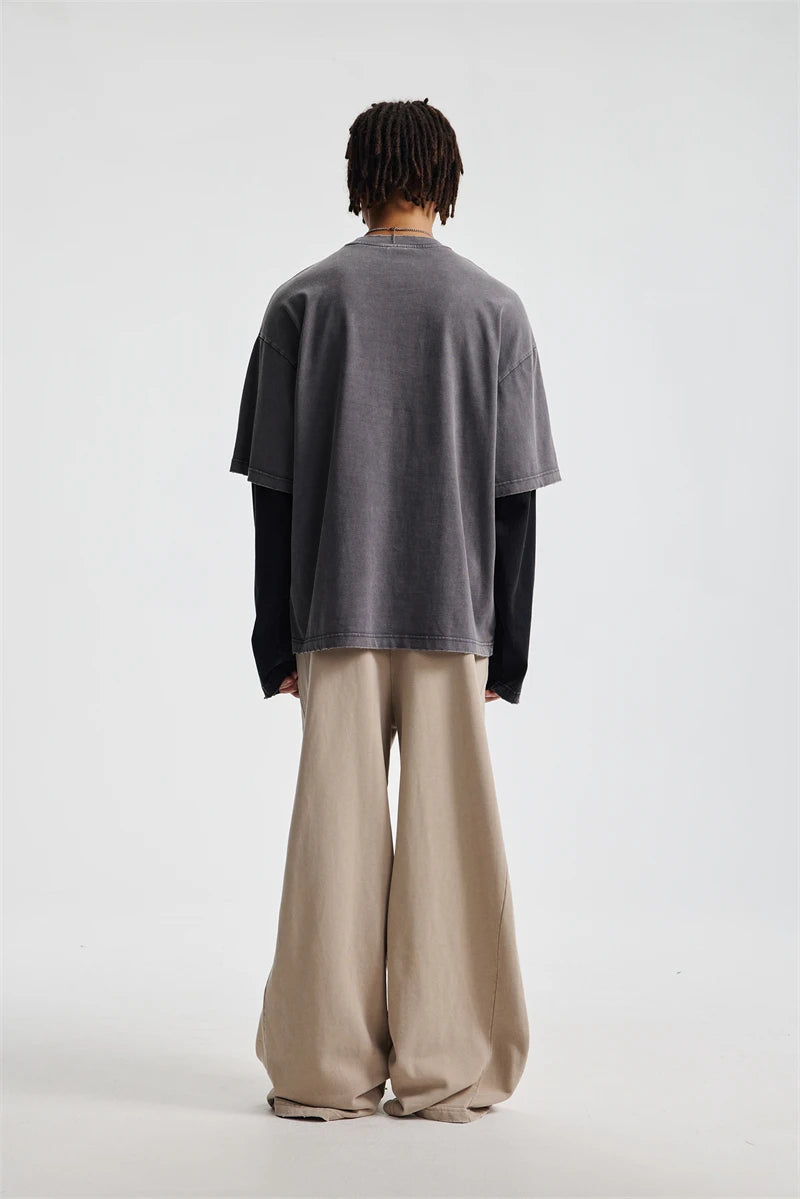 ZODF Retro Fake 2-Piece Cotton T-Shirts For Man Unisex Distressed Full Sleeve Washed O Neck T Shirt Brand Tees HY1156