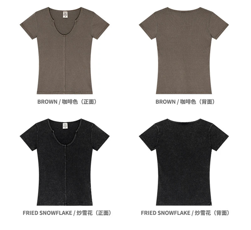 ZODF Women Retro 2025 Summer 275gsm U Collar Washed T-Shirts Hotsweet Girls Sexy Slim Fit T Shirt Brand Tees HY0992