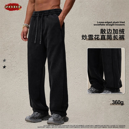 ZODF Vintage Man Winter Washed Fleece Straight Pants Unisex Distressed 360gsm Knitted Warm Trousers Brand Bottoms HY1092