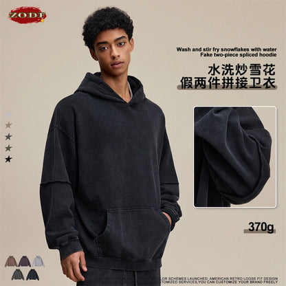 ZODF Vintage 2025 Autumn 370gsm Fake 2-Piece Hoodies For Man Unisex Washed Fire Snowflake Hooded Pullovers Terry Coats HY1108