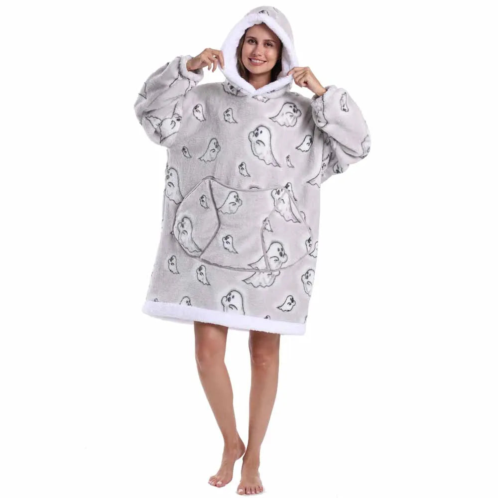 Leopard Winter Women Thicken Warm Hoodie Blanket Pink Blue Oversize Large Pocket Couple Loose Sweatshirts Mens Graphic Hoodies