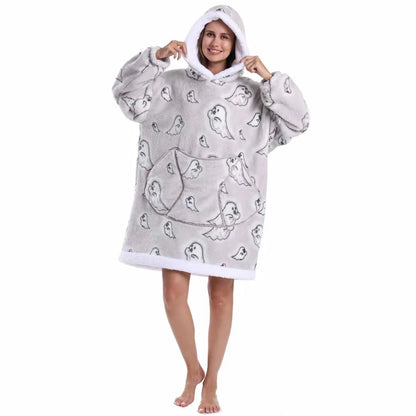 Leopard Winter Women Thicken Warm Hoodie Blanket Pink Blue Oversize Large Pocket Couple Loose Sweatshirts Mens Graphic Hoodies