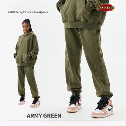 ZODF New Autumn Winter Batik Washed Cotton Sweatpants For Men Unisex Distressed Patchwork Loose 420gsm Sport Jogger Pants HY0724