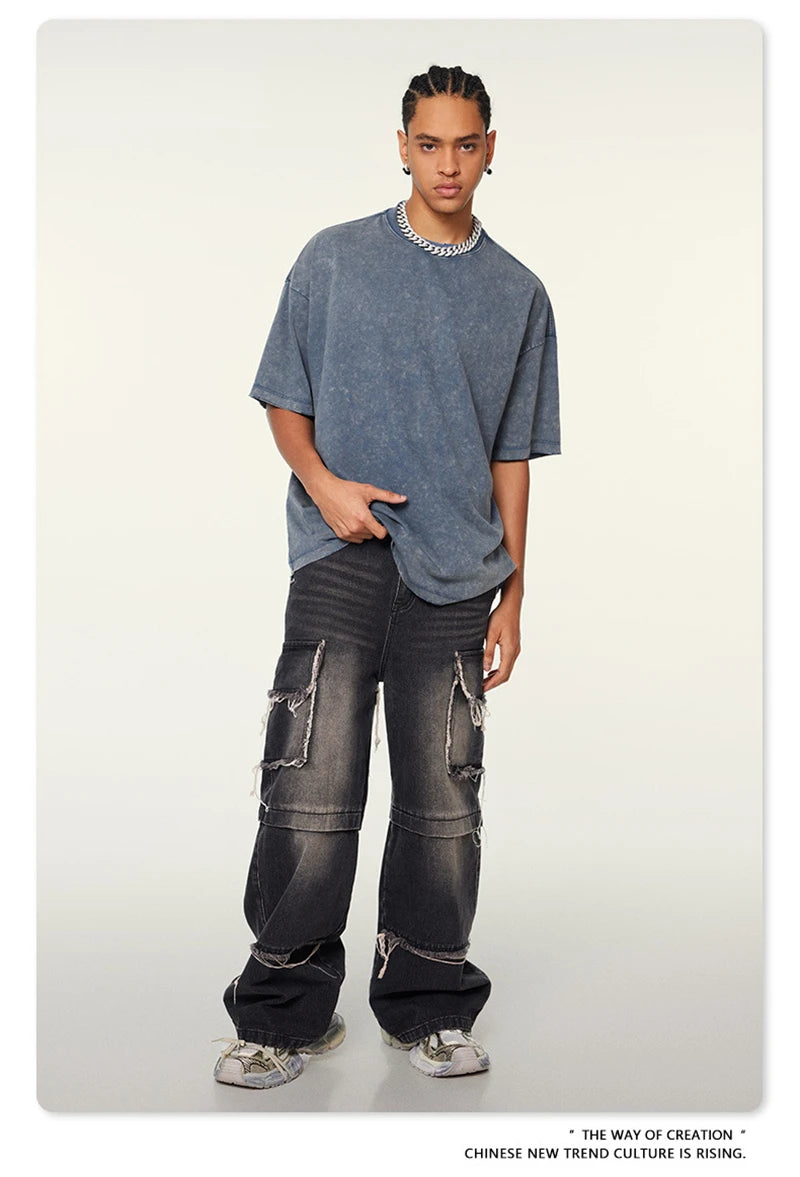 ZODF Vintage 2024 Summer Men Washed Solid 230gsm T-Shirts Unisex Ripped Breathable Quick Dry Cooling Feeling T Shirt Tees HY0801