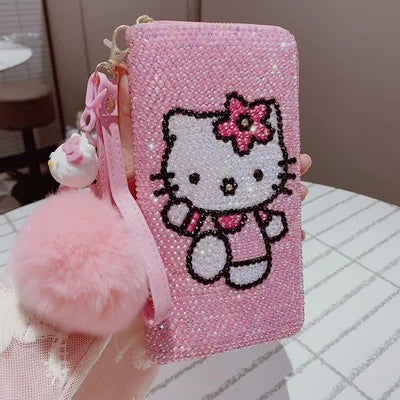 New Sanrio Cute Full Diamond Hello Kitty Wallet Sticker Full Diamond Lady Girl Heart Long Zipper Wallet Mobile Bag