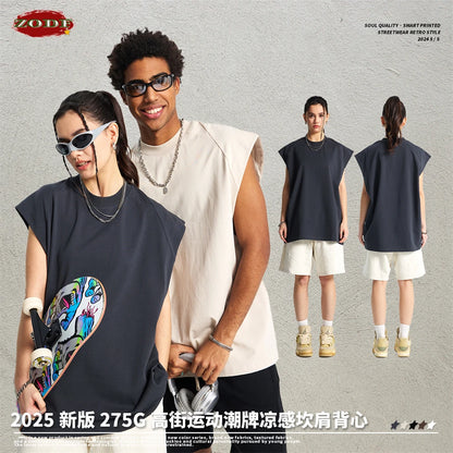 ZODF Trendy Men Summer Solid Cotton Tank Tops Unisex Oversized 275gsm Patchwork Sleeveless Tees Vests HY1051