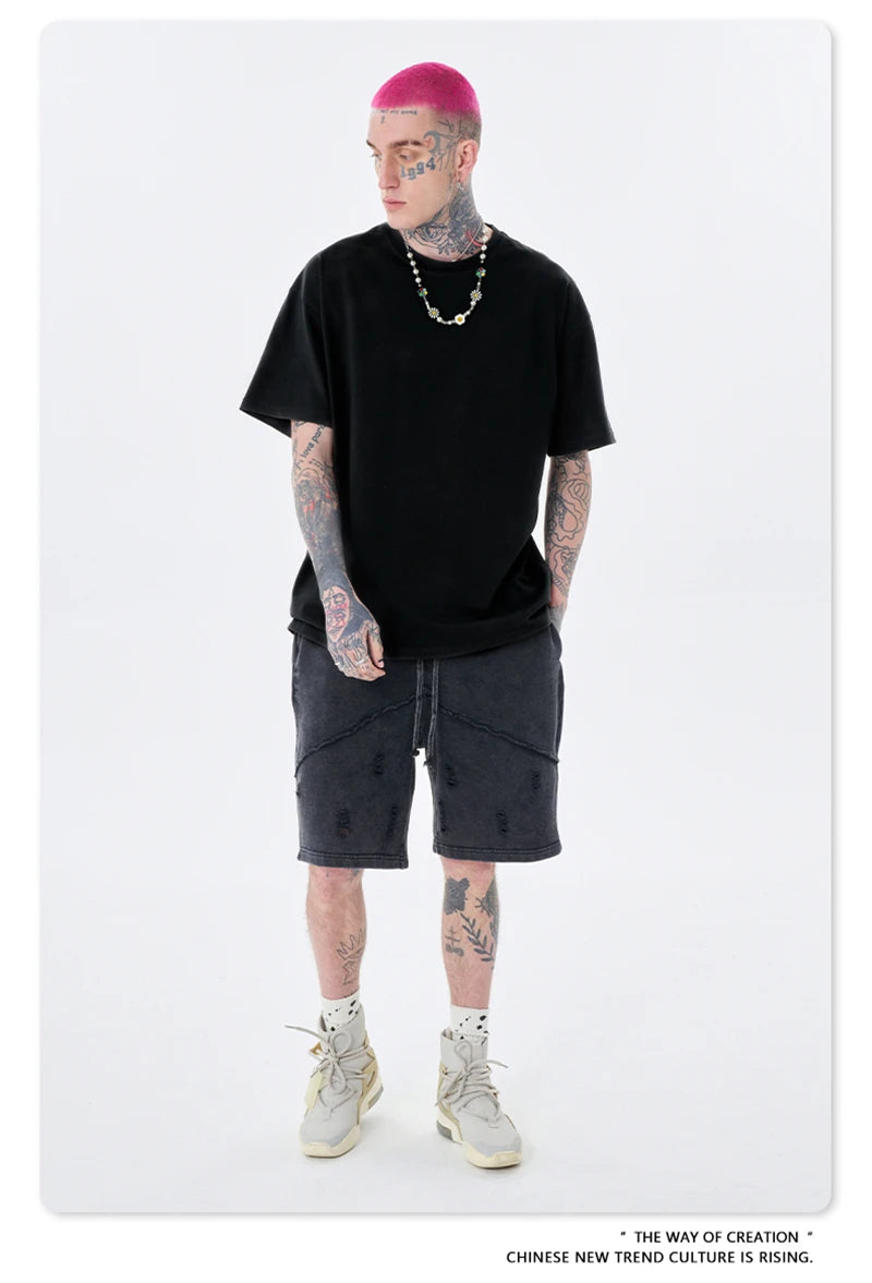 ZODF Trendy Summer 260gsm Cotton Oversized T Shirts For Men Unisex Male Kanye West High Street Solid Tees Brand Tops HY0122