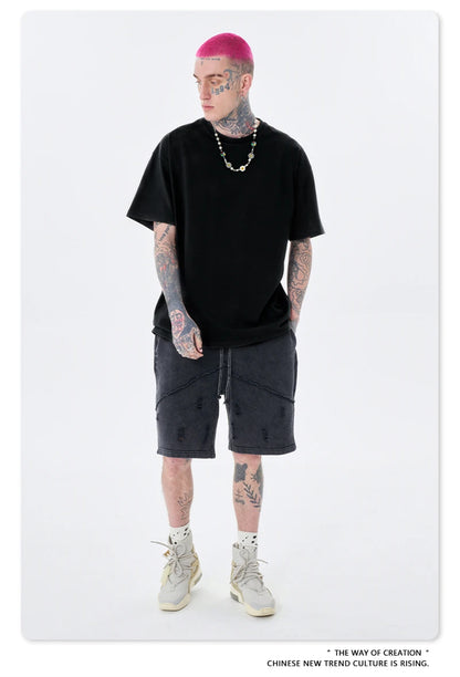 ZODF Trendy Summer 260gsm Cotton Oversized T Shirts For Men Unisex Male Kanye West High Street Solid Tees Brand Tops HY0122