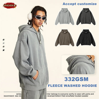 ZODF 2024 Winter Unisex Washed Fleece Hoodies 360gsm Warm Loose Retro Hooded Sweatshirts HY0870
