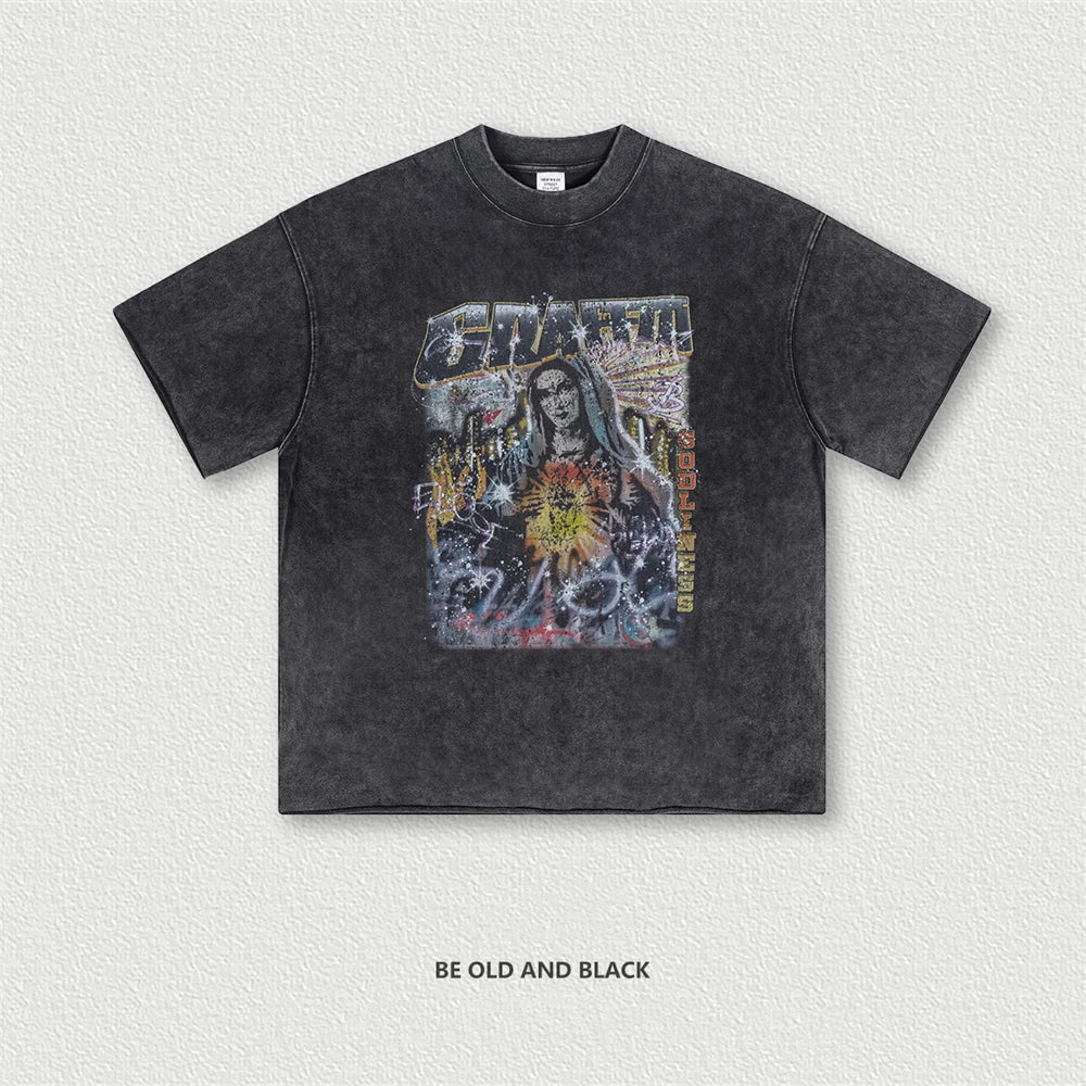 ZODF 2024 Summer 310GSM Cotton T-Shirts For Men Unisex Washed Comfortable High Street Printing T Shirt Tees HY0463