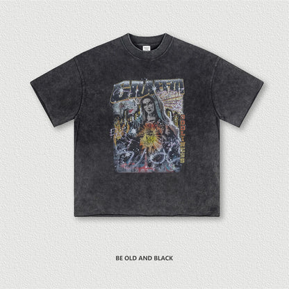 ZODF 2024 Summer 310GSM Cotton T-Shirts For Men Unisex Washed Comfortable High Street Printing T Shirt Tees HY0463