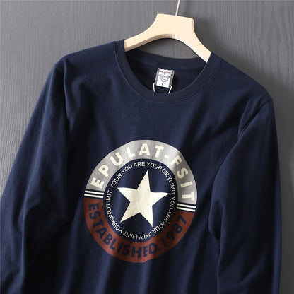2025 Autumn New American Retro Long-sleeved O-neck Letter Printed T-shirt Men's Fashion 100% Cotton Washed Casual Sport Tops