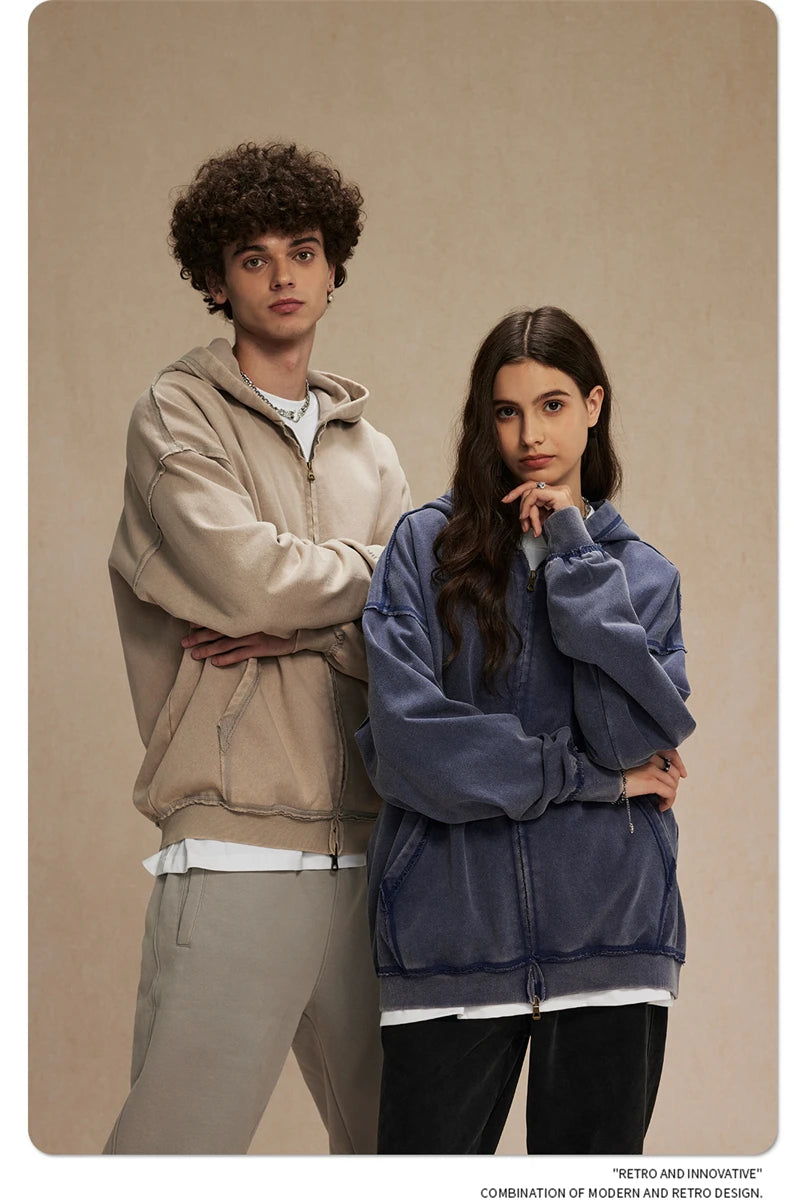 ZODF Retro Men's Heavyweight 450gsm Zipper Hoodies Unisex Loose Distressed Washed Batik Knitted Hooded Coat Jacket HY0889