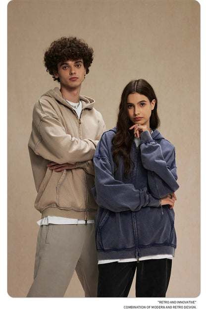 ZODF Retro Men's Heavyweight 450gsm Zipper Hoodies Unisex Loose Distressed Washed Batik Knitted Hooded Coat Jacket HY0889