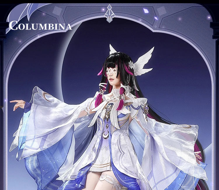 Genshin Impact Columbina Cosplay Costume Wig The Damselette Dress Eye Mask Headwear Metal Props Eleven Fatui Harbingers Women