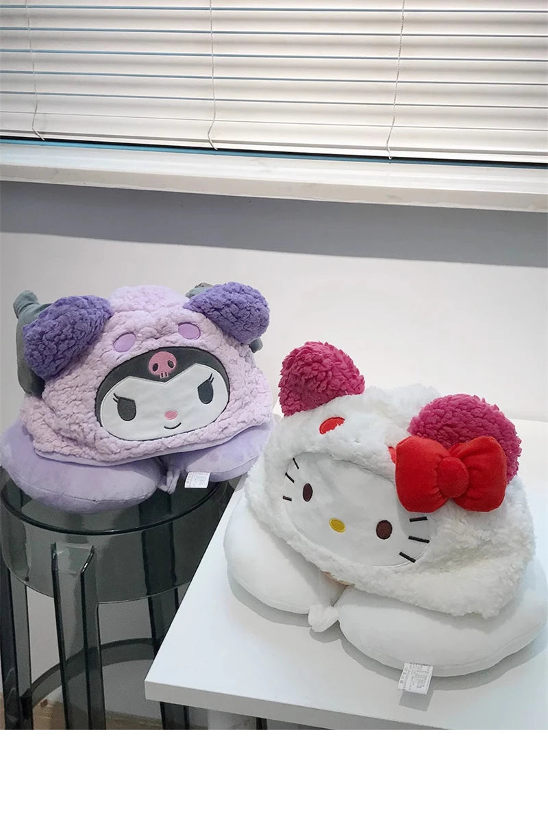 Stuffe Anime Hooded U-shaped Neck Pillow Hello Kitty Kuromi My Melody Travel Blackout Neck Pillow Office Nap Pillow Girl