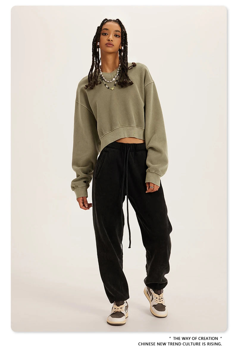 ZODF Winter Women Short Fleece Cropped Sweatshirts Girls Female Hip Hop Loose 400gsm V-Neck Pullovers Brand Tops HY0437