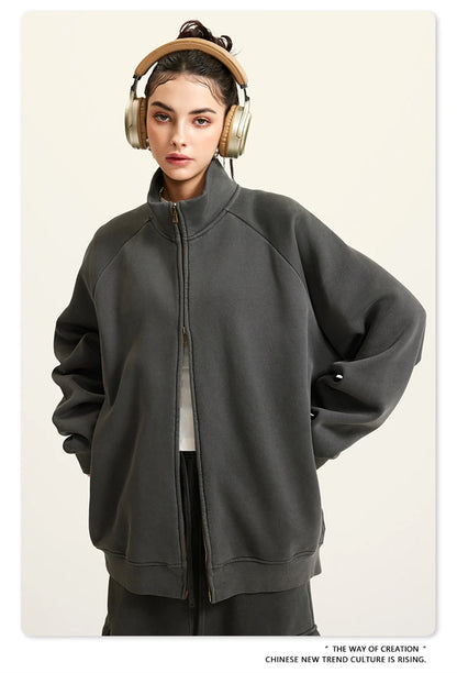 ZODF Retro Winter Men Washed Fleece Zipper Jackets Unisex Loose Oversized 400gsm Raglan Sleeve Coats Streetwears HY0649