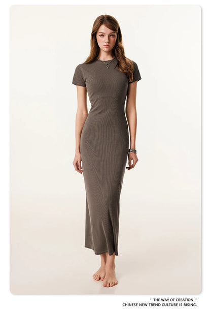 ZODF Sexy 2025 Spring Women 275gsm Long Dress Female Girls O Neck Washed Distressed Slim Slit Fit Dresses HY1008