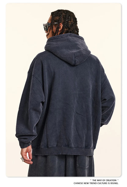 ZODF Retro Men’s Winter Washed Fleece Hoodie 360gsm Warm Knitted Loose Hooded Pullover Streetwear HY0887