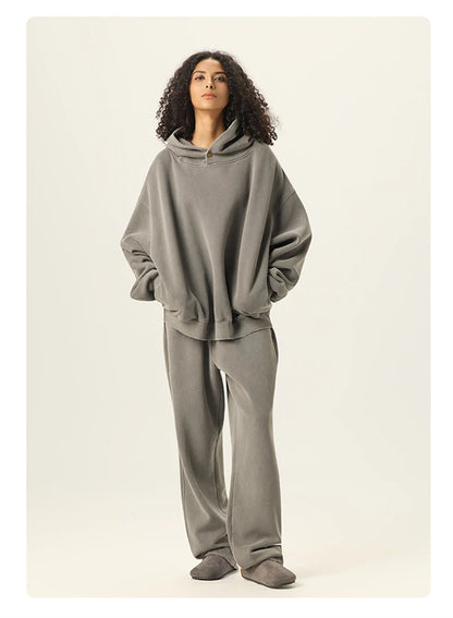 ZODF Vintage 350gsm Man Washed Boxy Fleece Hoodie Unisex Loose Ripped Warm Button Winter Hooded Pullovers Brand Clothing HY0053