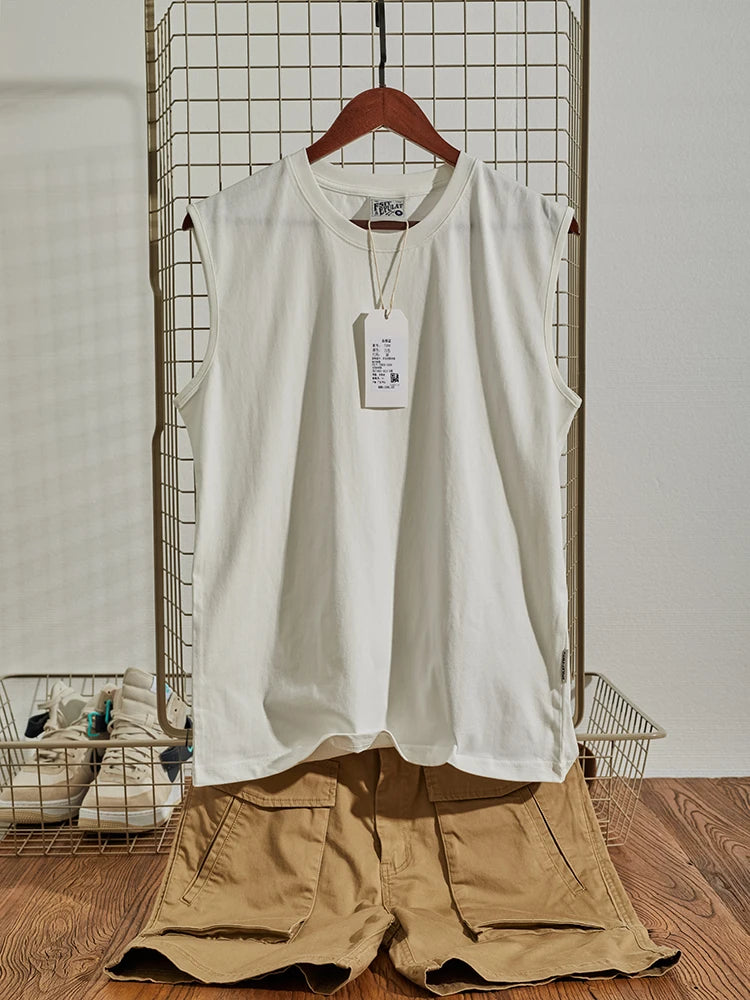 Summer New American Retro Sleeveless O-neck Soild Color T-shirt Men's Fashion 100% Cotton Washed Old Casual Sports Vest Tops