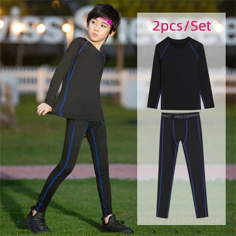 Kids Fitness Tracksuits Youth Warm Compression Pants and Tops Sportswear for Boys Running Basketball - Gold