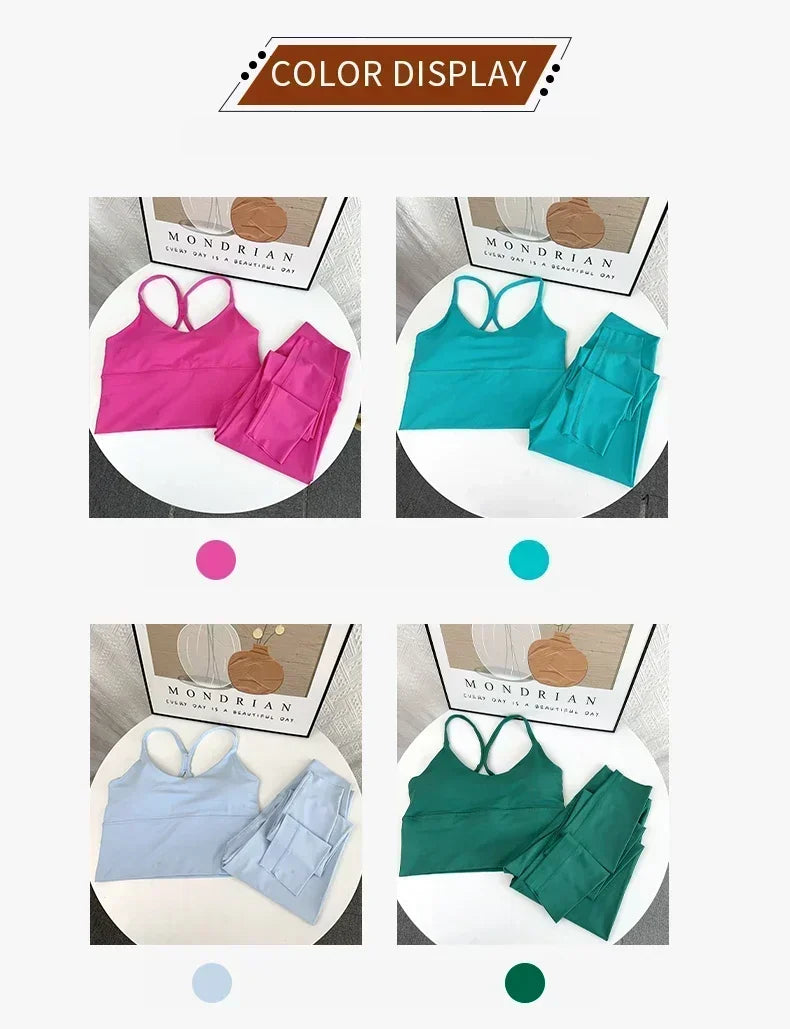 2 Piece Yoga Set Sportswear Fitness Suit with Sexy Cross Back Top and High Waist Elastic Leggings for Running Workout