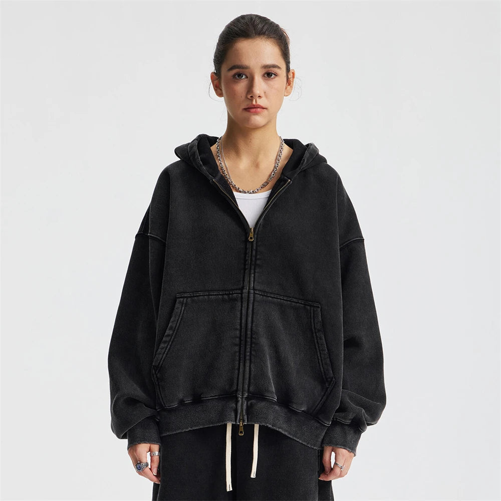 ZODF New 2025 Winter Man's Fleece Zipper Hoodies Unisex Retro 370gsm Loose Boxy Batik Washed Hooded Coats Sweatshirts HY1164