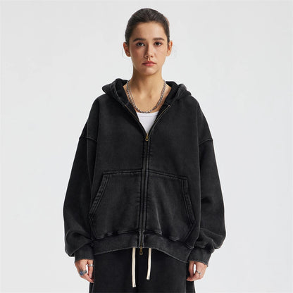 ZODF New 2025 Winter Man's Fleece Zipper Hoodies Unisex Retro 370gsm Loose Boxy Batik Washed Hooded Coats Sweatshirts HY1164