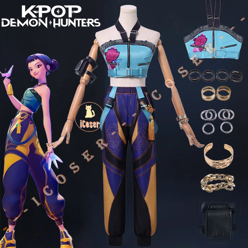 Anime Movie KPop Demon Hunters Zoey Cosplay Costume Uniform Huntrix Rings Earrings Festival Halloween Party for Women Girls Prop